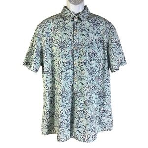 Rowm Rec+Relax Mens XL Blue White Tropical Floral Short Sleeve Button Down Shirt